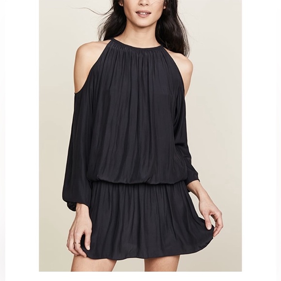 RAMY BROOK Black Cold Shoulder Long Sleeve Ruched Drop Waist Mini Dress - Picture 12 of 13